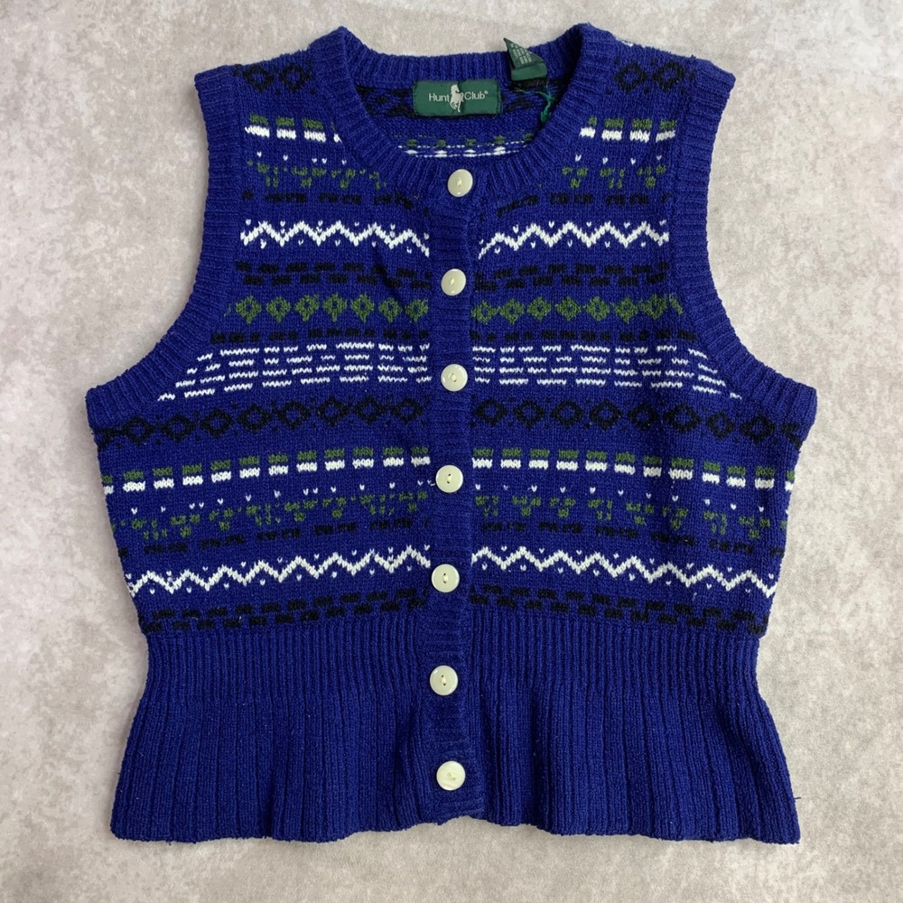 Hunt‎ Club Vintage Blue Fair Isle Knit Cardigan Sweater Vest Medium 90s Retro